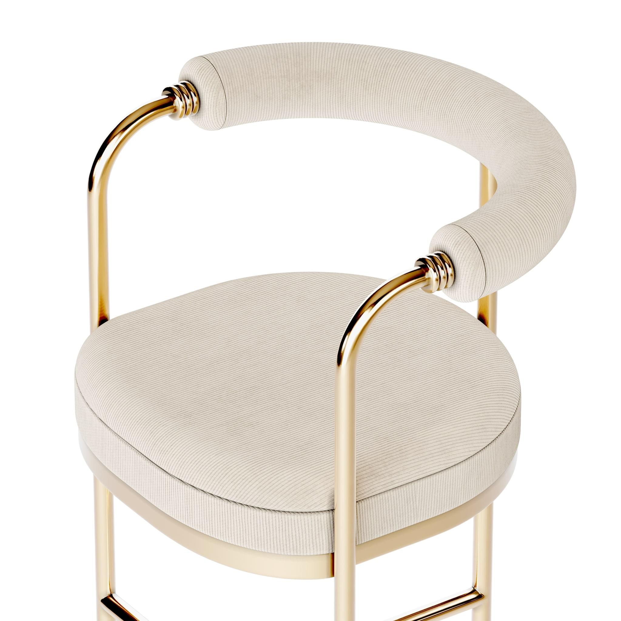 Contemporary Modern Counter Stool, Bar Chair Gold Polished Brass Corduroy Upholstery For Sale