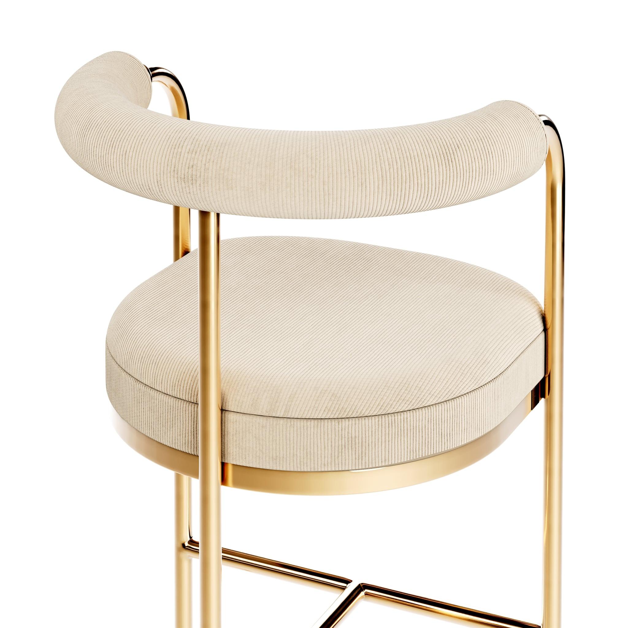 Modern Counter Stool, Bar Chair Gold Polished Brass Corduroy Upholstery For Sale 1