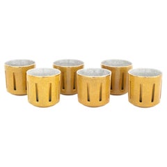 Set of Six Modern Crackle Glazed Ceramic Cups with Pierced Design