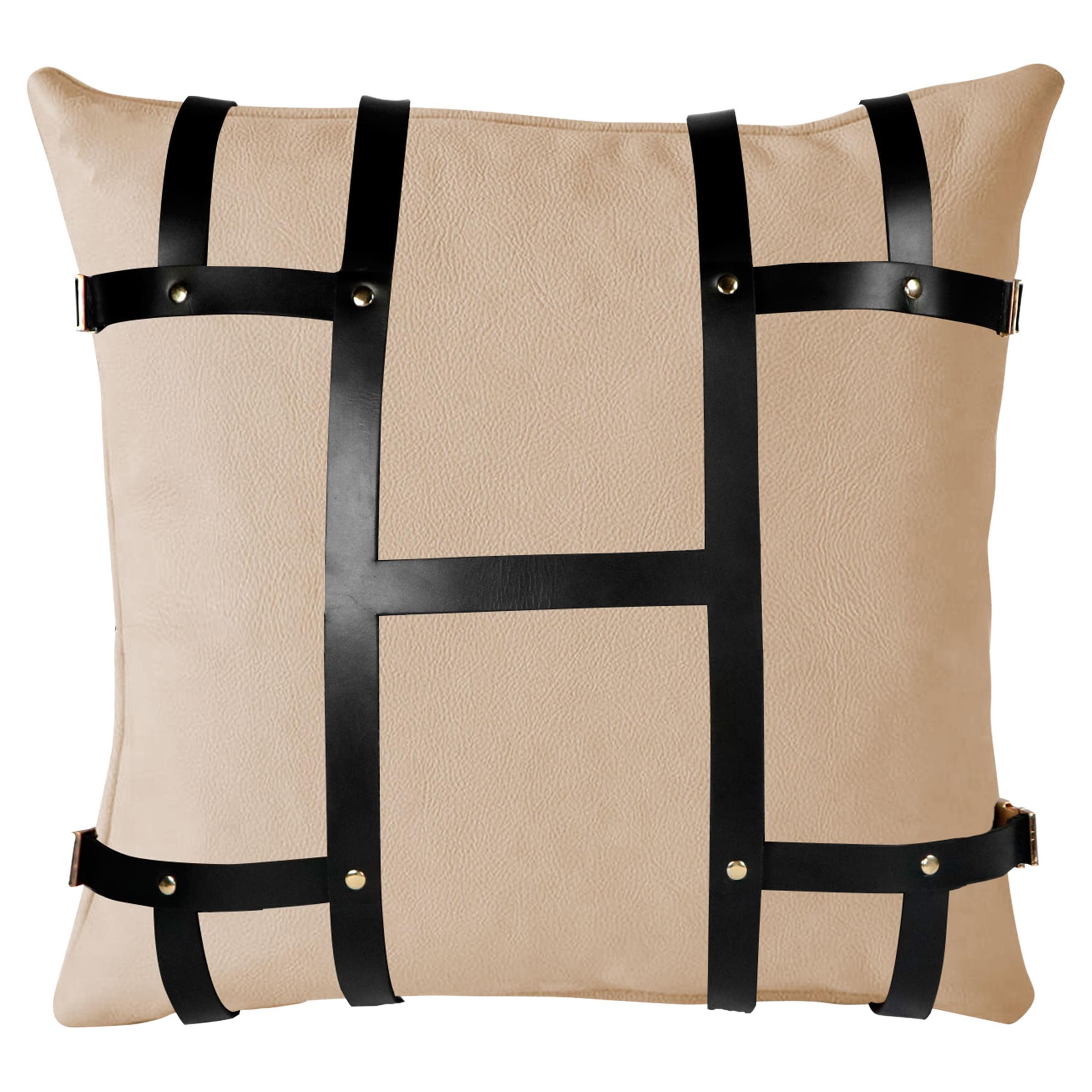 Modern Cream Faux Leather Pillow w/ Luxury Black Strap Vegan Leather Cushion For Sale