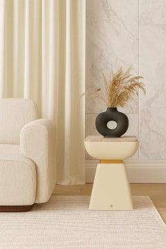 Modern Cream Lacquer Side Table with Light Emperador Marble Top