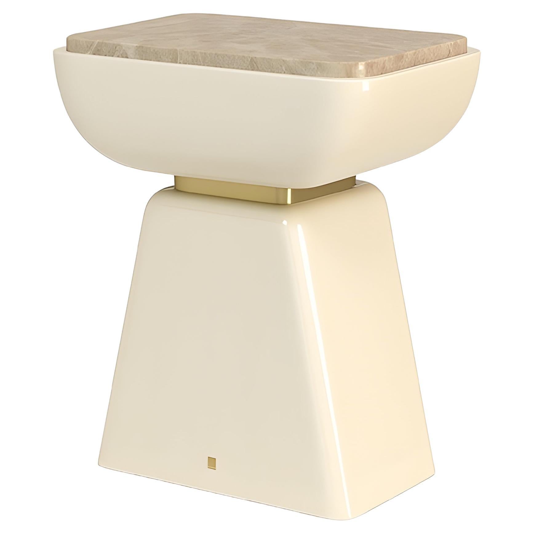 Modern Cream Lacquer Side Table with Light Emperador Marble Top For Sale