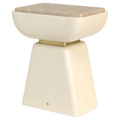 Modern Cream Lacquer Side Table with Light Emperador Marble Top