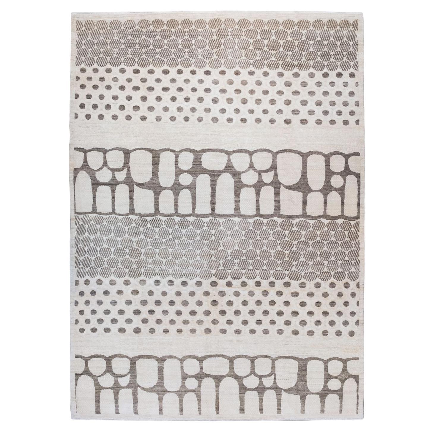 Modern Cream Wool and Silk Carpet in Brown and White, 9' x 12'