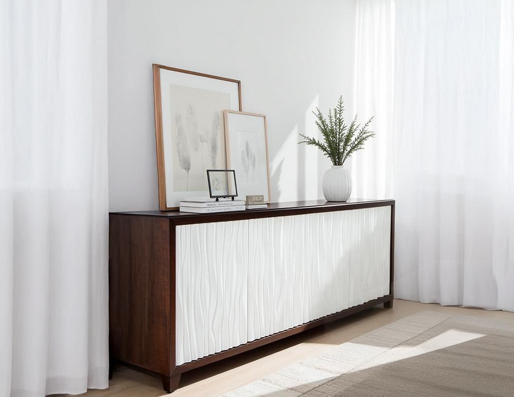Añade un toque contemporáneo a tu espacio con este mueble aparador elegante y funcional. Con un exclusivo frente blanco con textura ondulada que contrasta maravillosamente con su elegante marco de madera oscura, esta pieza ofrece un atractivo visual