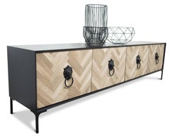 Modern Credenza Hand-Cut Walnut Chevron Detail & Lion Head Hardware, Black Case