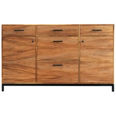 Modern Credenza in Elm Wood Veneer with Black Patina Steel Base