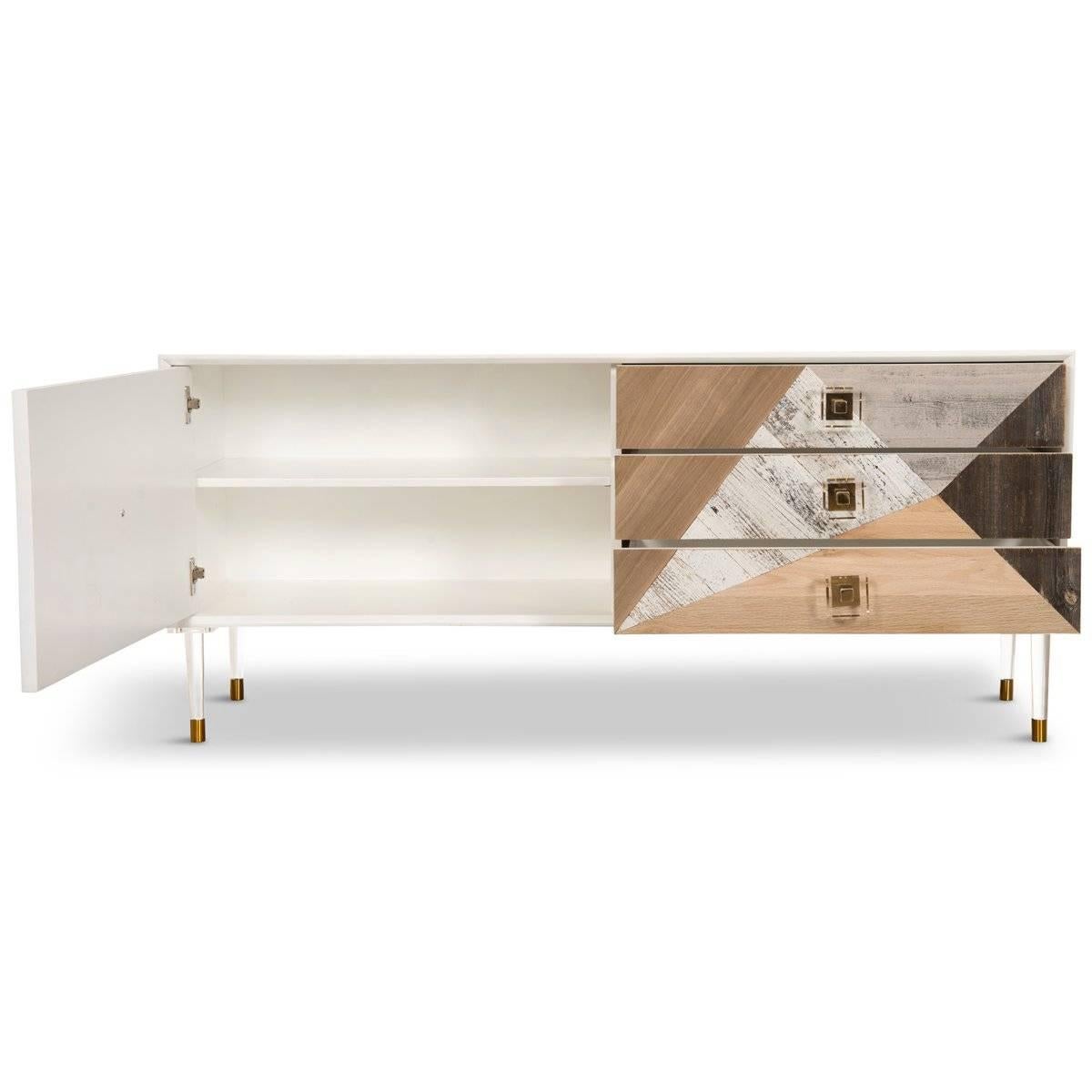 American Modern Credenza Multi Wood Fronts Lucite and Brass Accents For Sale