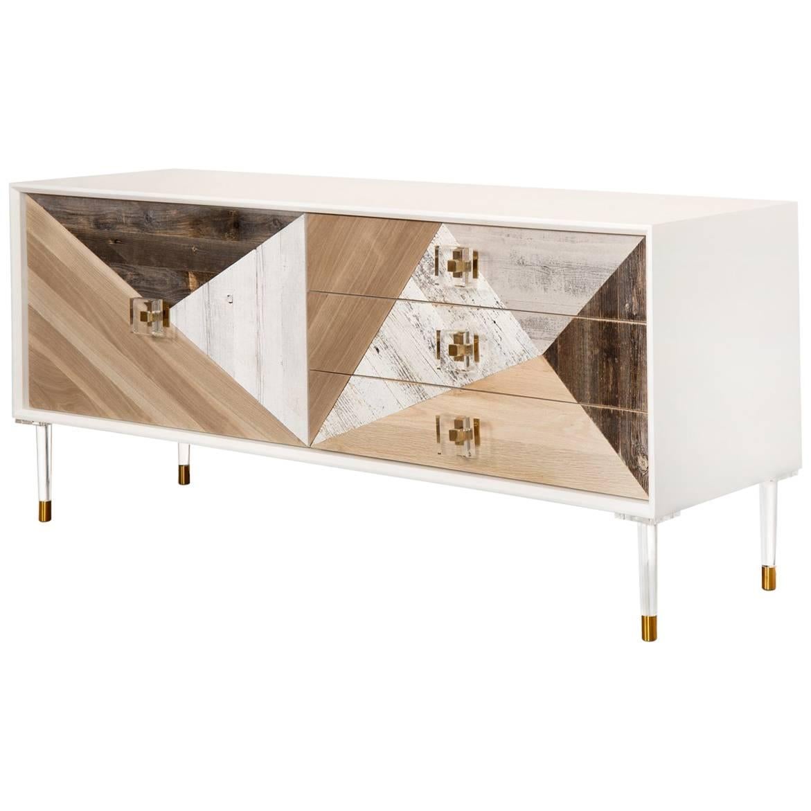 Modern Credenza Multi Wood Fronts Lucite and Brass Accents For Sale