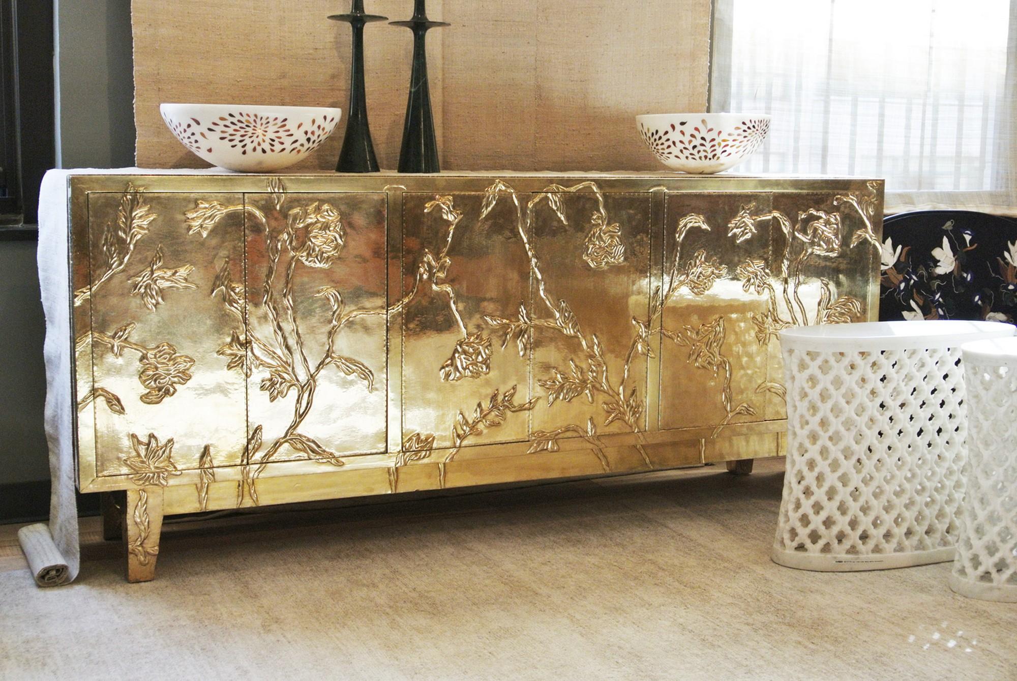 Modern Credenza Sideboard in Floral Brass Clad, Handmade in India by S. Odegard For Sale 3