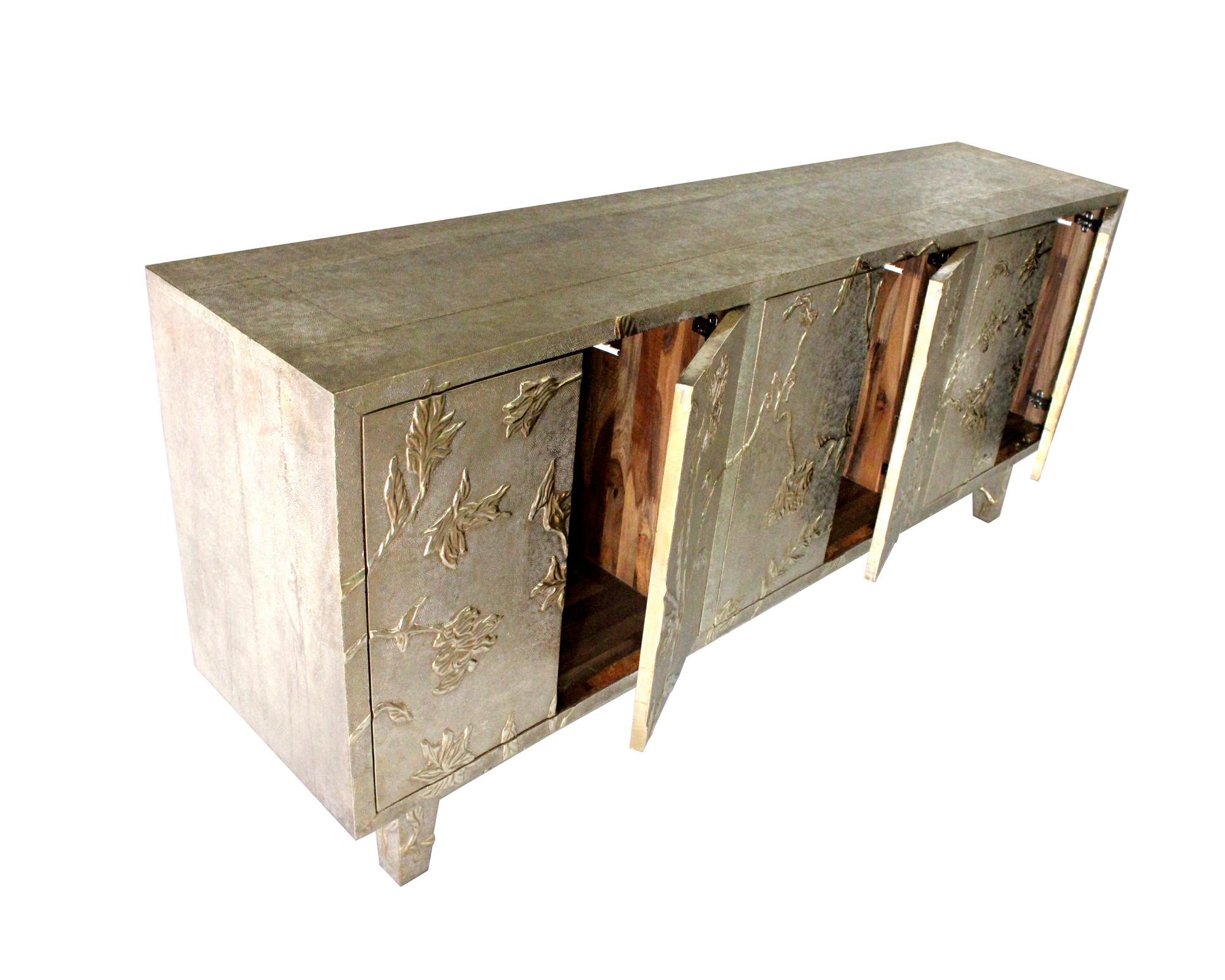 Indian Modern Credenza Sideboard in Floral Brass Clad, Handmade in India by S. Odegard For Sale