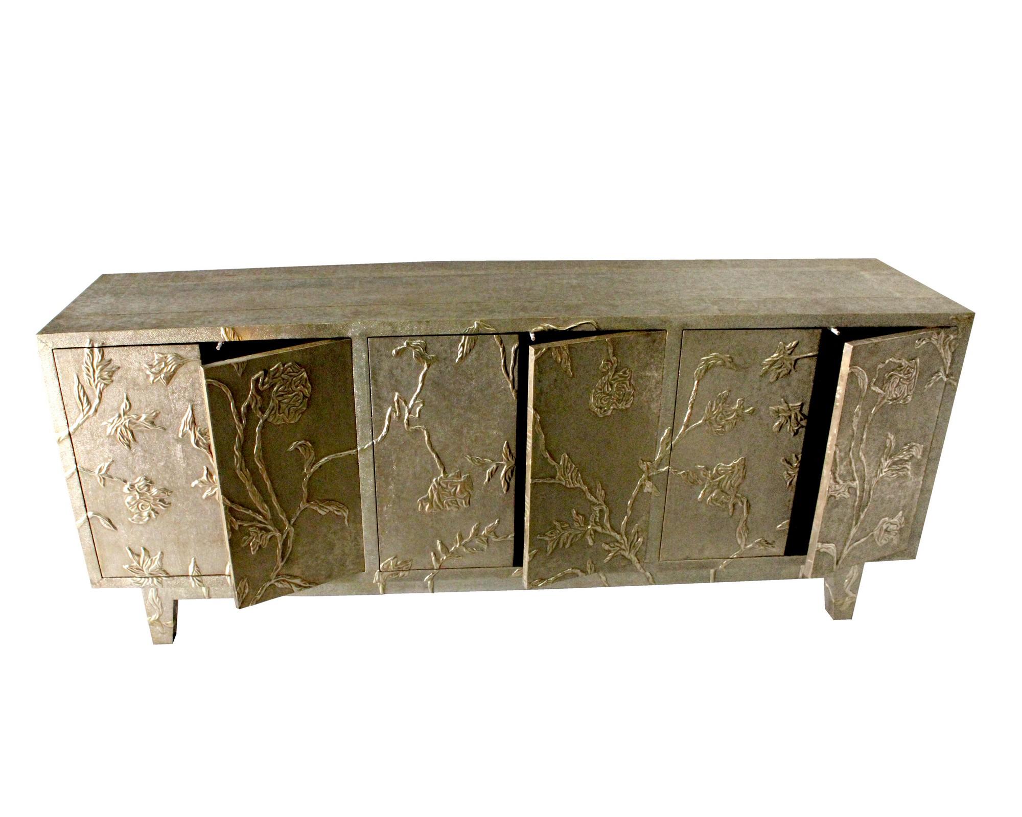 Carved Modern Credenza Sideboard in Floral Brass Clad, Handmade in India by S. Odegard For Sale