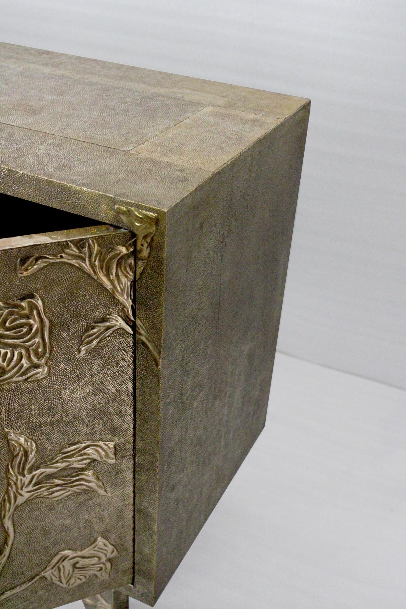Metal Modern Credenza Sideboard in Floral Brass Clad, Handmade in India by S. Odegard For Sale
