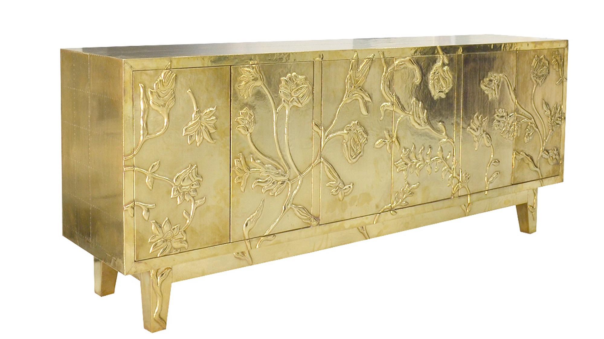 Modern Credenza Sideboard in Floral Brass Clad, Handmade in India by S. Odegard For Sale 1