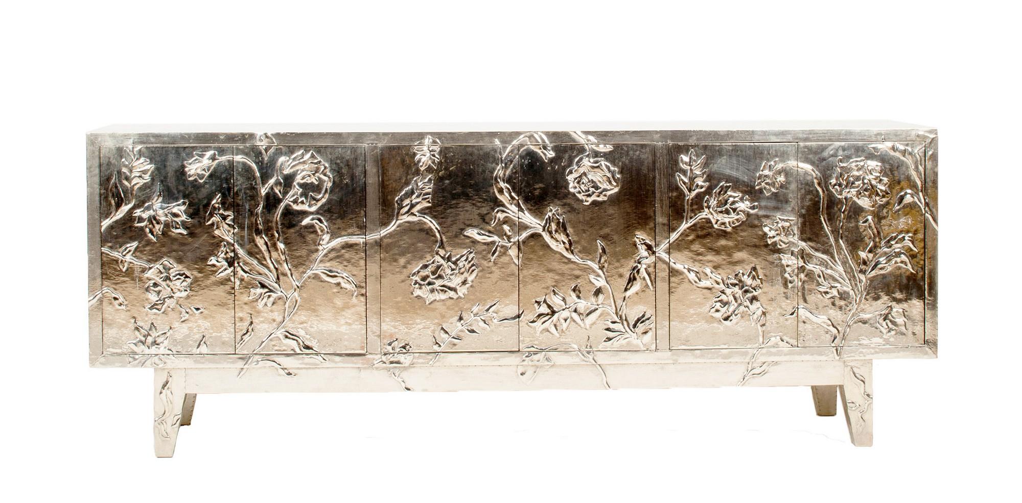 Modern Credenza Sideboard in Floral Brass Clad, Handmade in India by S. Odegard For Sale 2