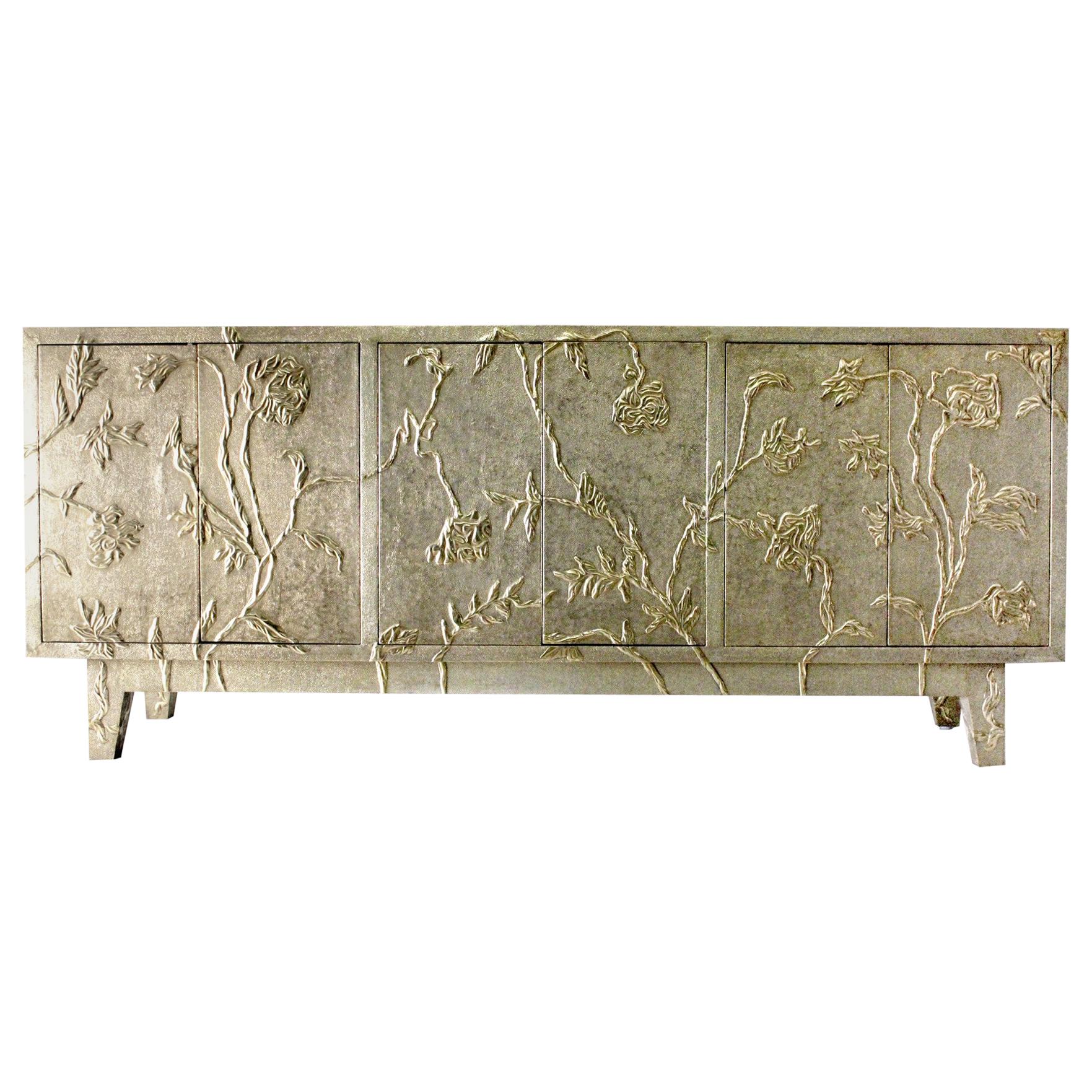 Modern Credenza Sideboard in Floral Brass Clad, Handmade in India by S. Odegard