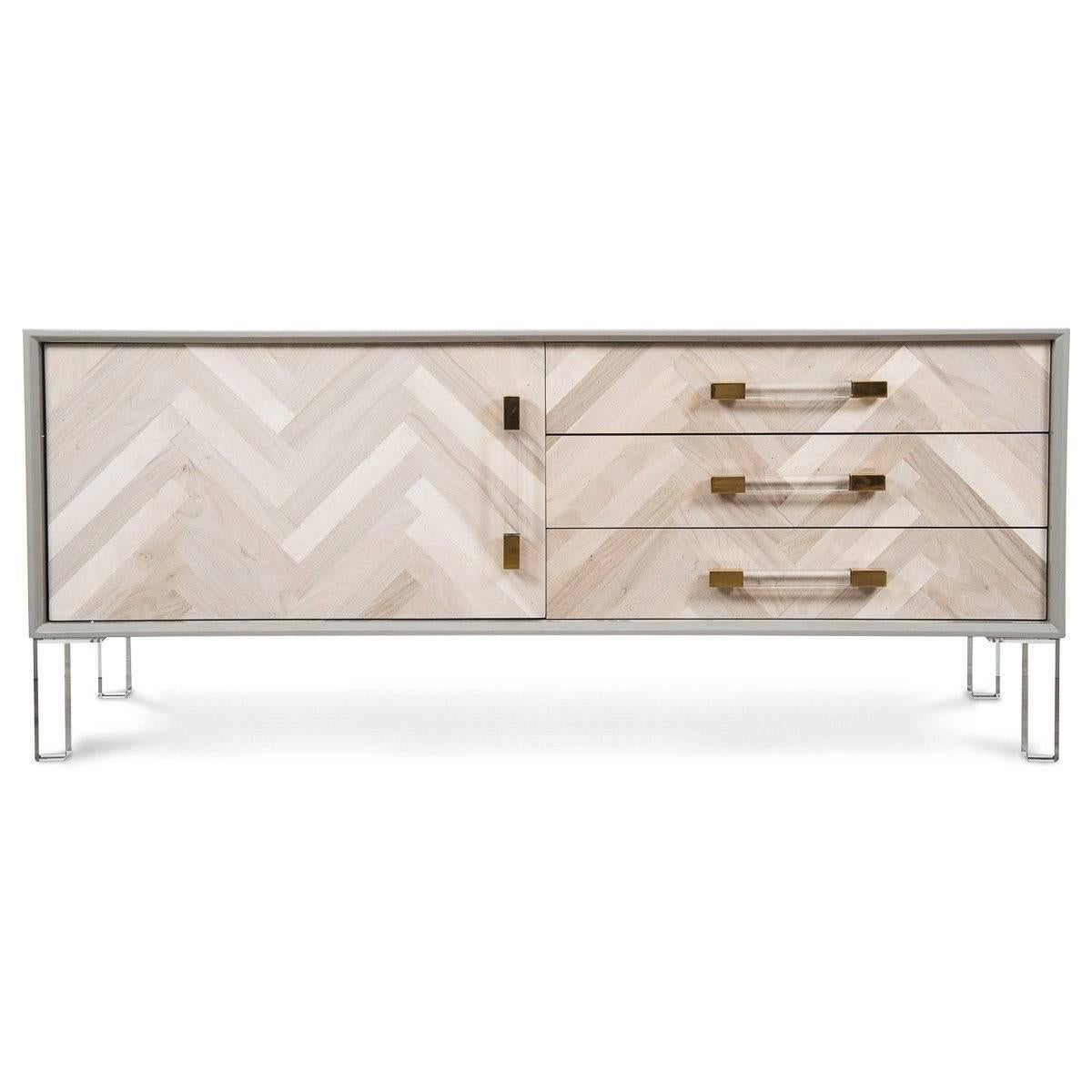 American Modern Credenza with Lucite & Brass Accents with Bleached Walnut Door For Sale