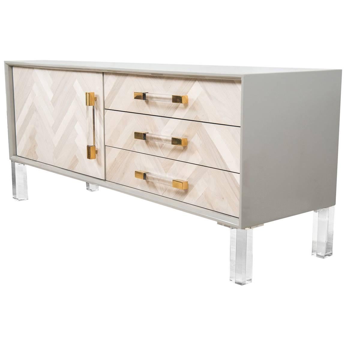 Modern Credenza with Lucite & Brass Accents with Bleached Walnut Door For Sale