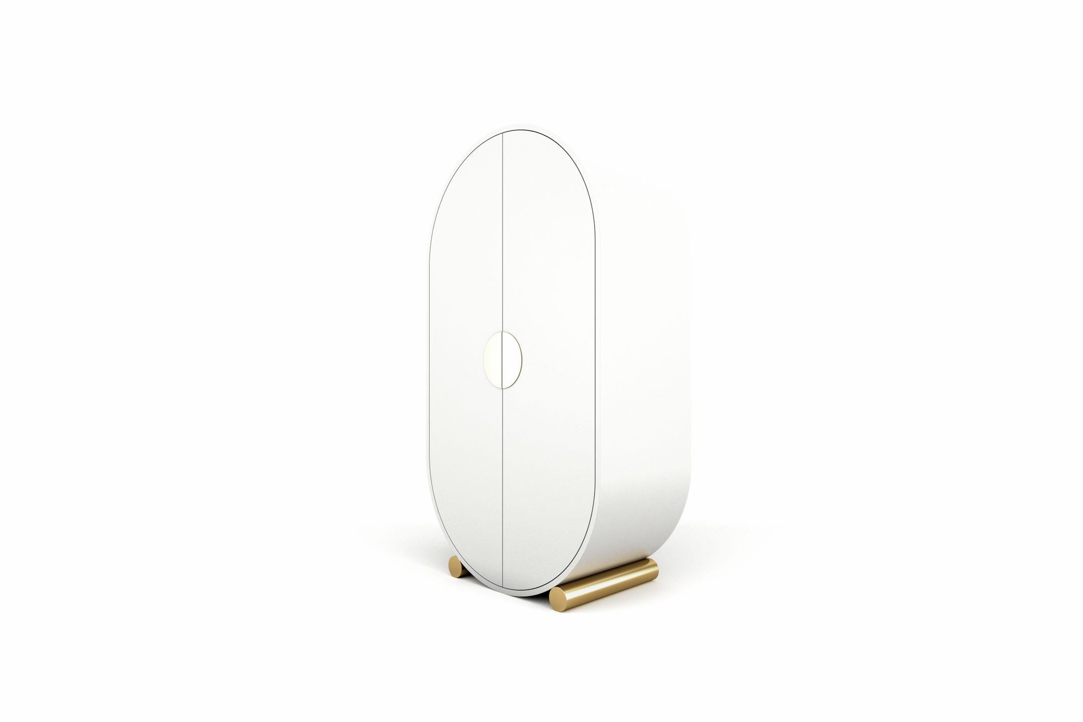 Crescent Bar Cabinet dimensions:
Width 1600 mm / 62.9 in
Depth 500 mm / 19.7 in
Height 1650 mm / 62.9 in

Crescent Wardrobe dimensions:
Width 900 mm / 35.4 in
Depth 500 mm / 19.7 in
Height 1640 mm / 64.5 in

The crescent collection is inspired by