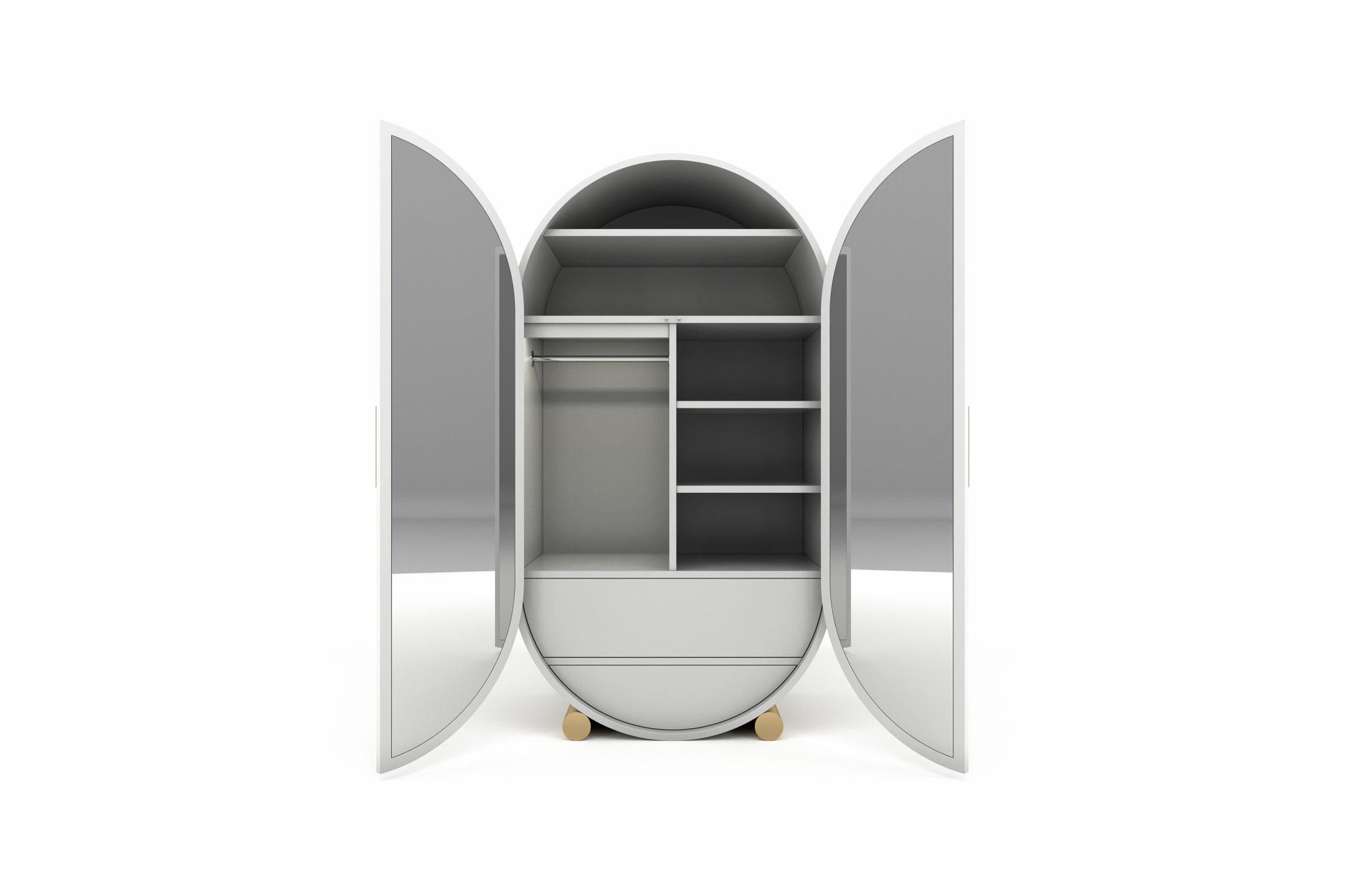 European Modern Crescent Bar Cabinet and Wardrobe in White Lacquer with Brass Legs For Sale