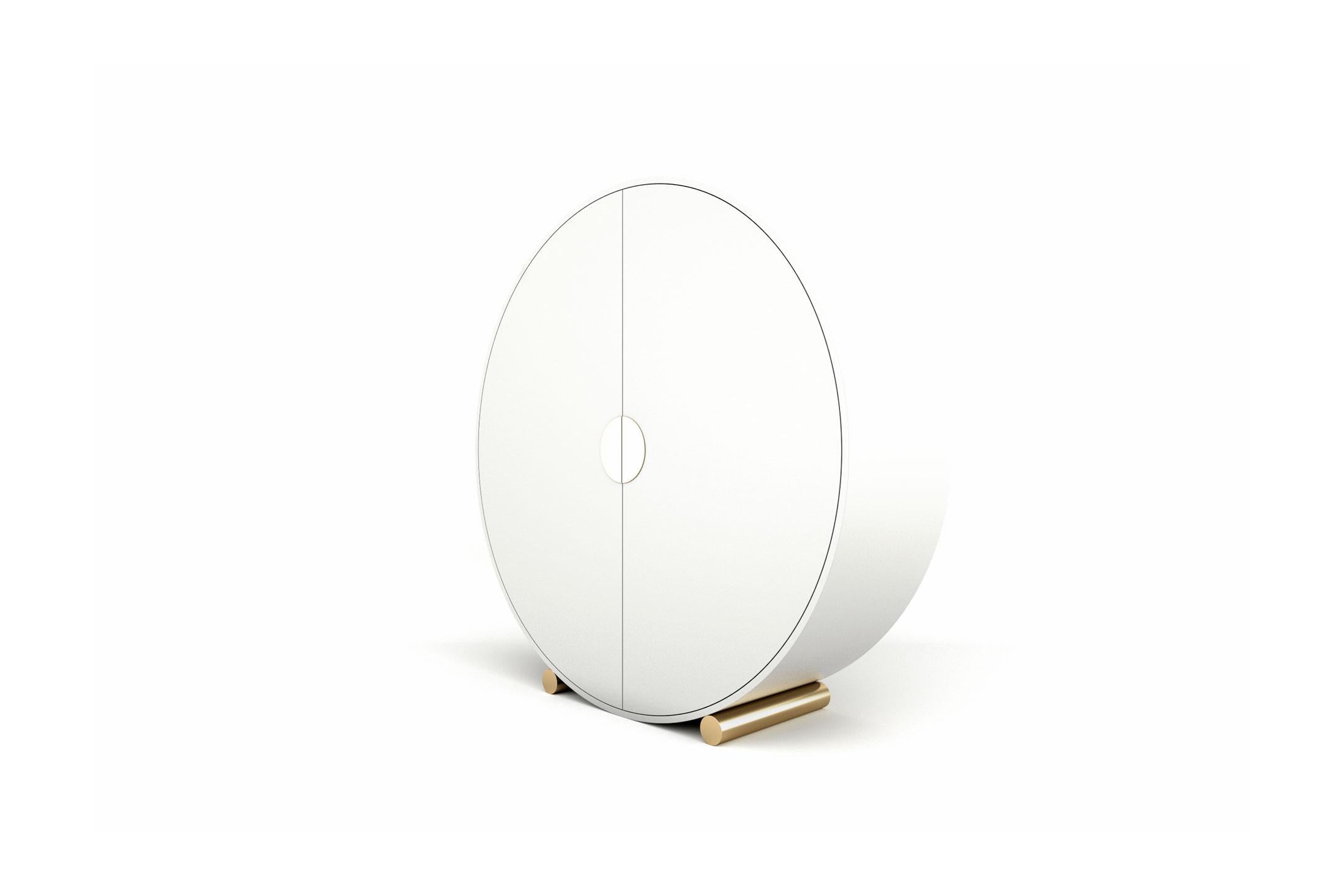 Lacquered Modern Crescent Bar Cabinet and Wardrobe in White Lacquer with Brass Legs For Sale