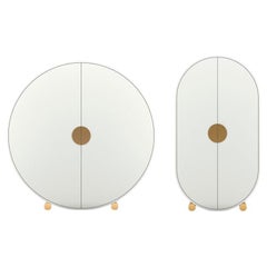 Modern Crescent Bar Cabinet and Wardrobe in White Lacquer with Brass Legs
