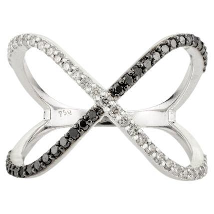Modern Crossover Diamond Ring in 18K White Gold With Black & White Diamonds