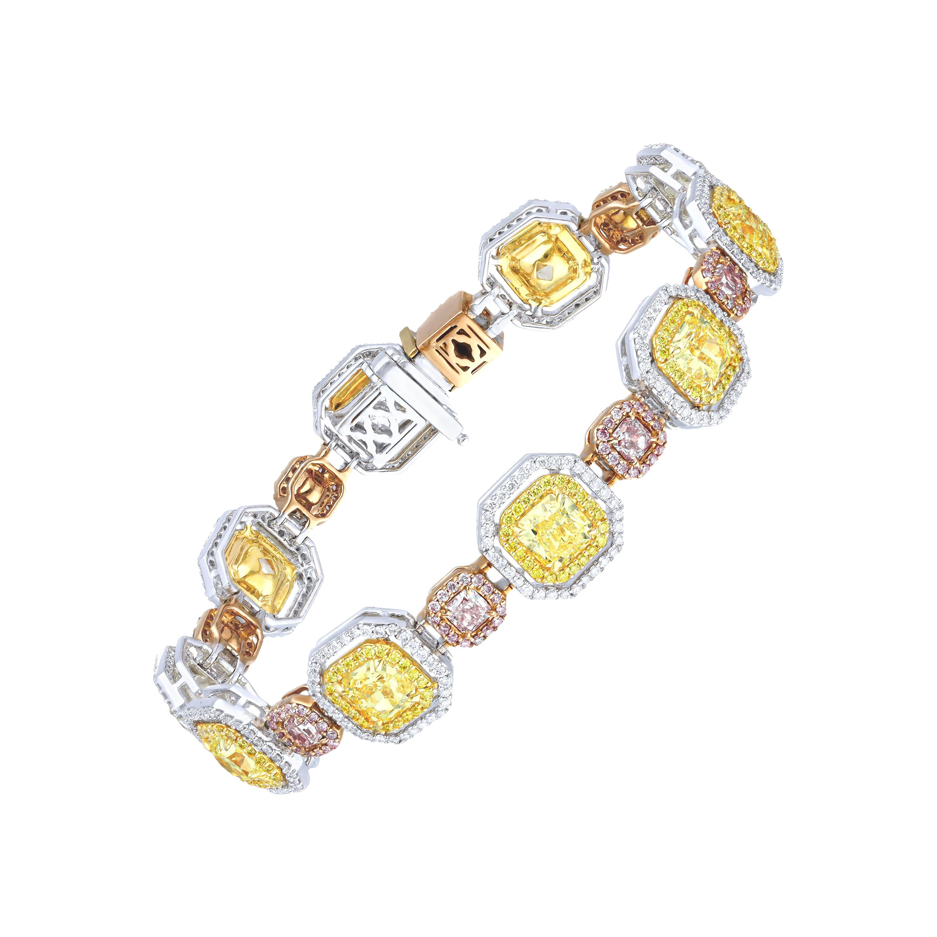 Modern Crossover Pink and Yellow Diamond Tennis Bracelet, 10.27 Carat For Sale
