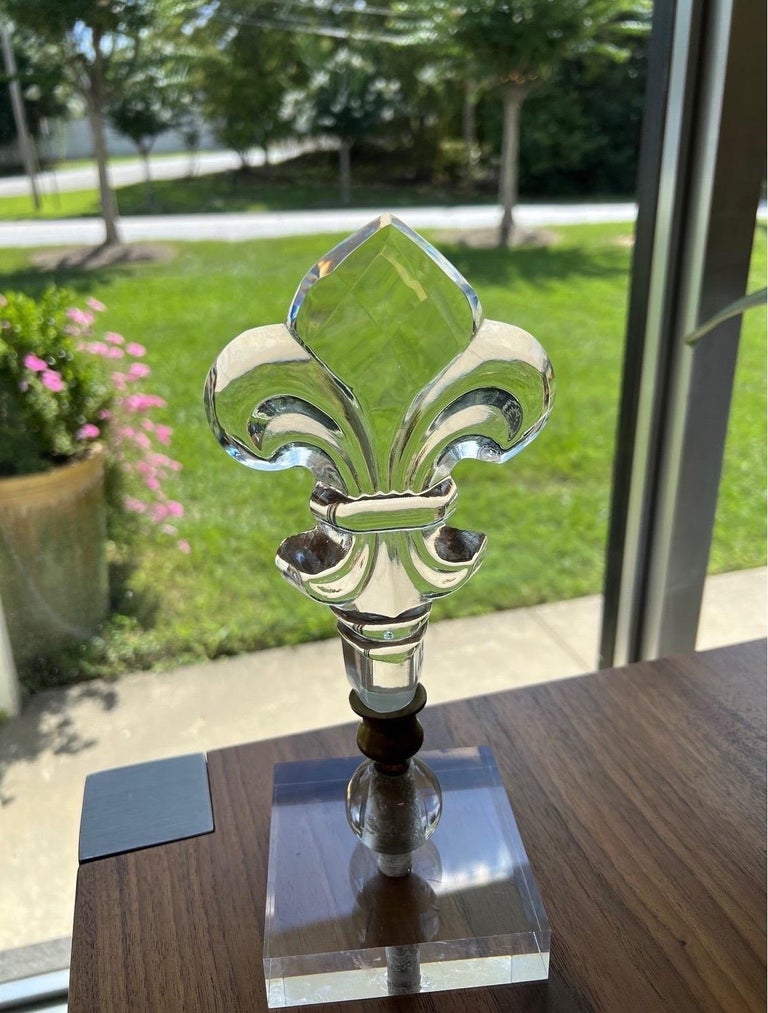Modern Crystal Fleur De Lis Sculpture Mounted to Lucite Base For Sale