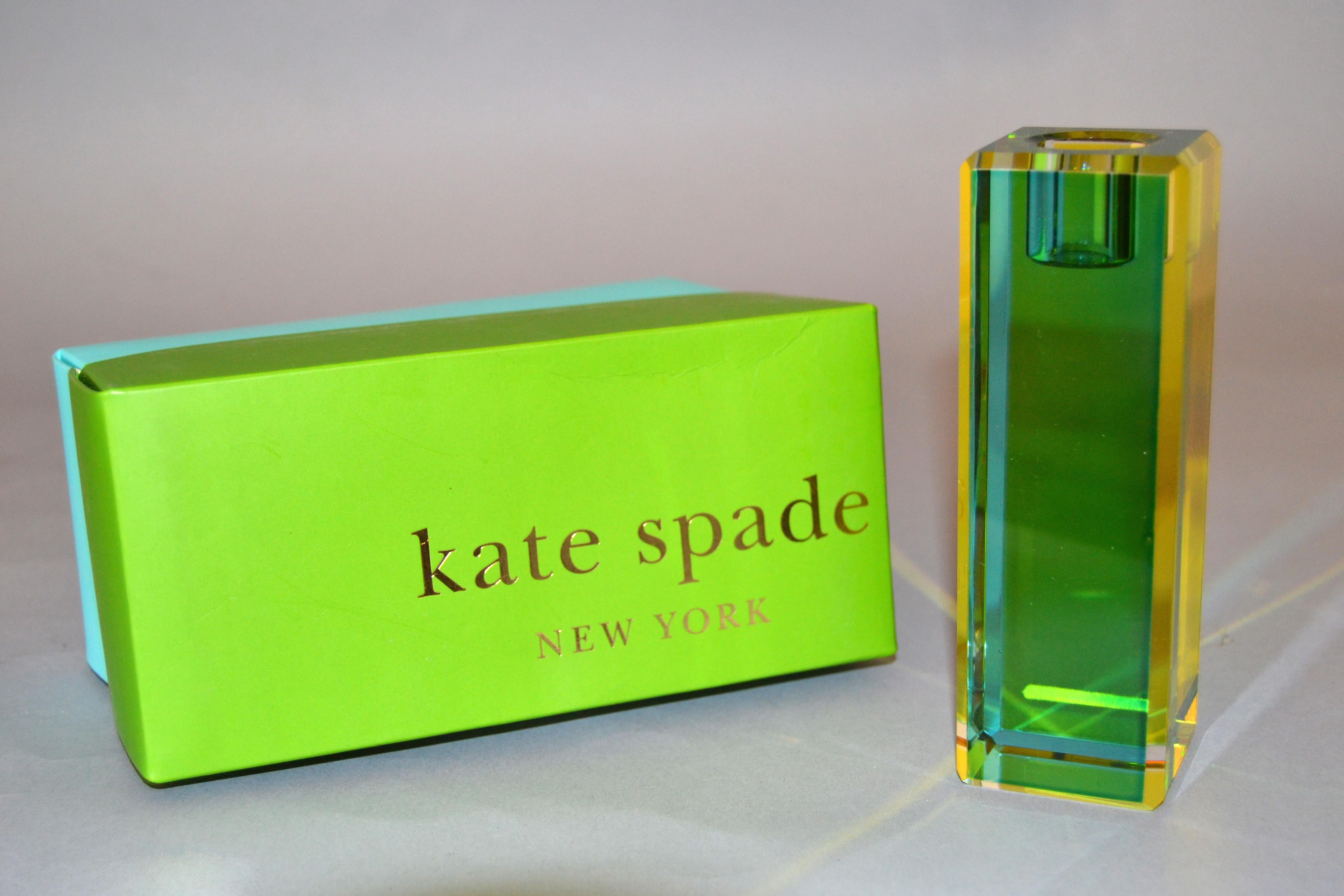 Beautiful modern Kate Spade New York Jules point 5 inches crystal candlestick by Lenox.
The green and blue hue are looking different from every angle.
Makers mark on the candlestick and on the original box.
Note: The box shows some signs of wear.