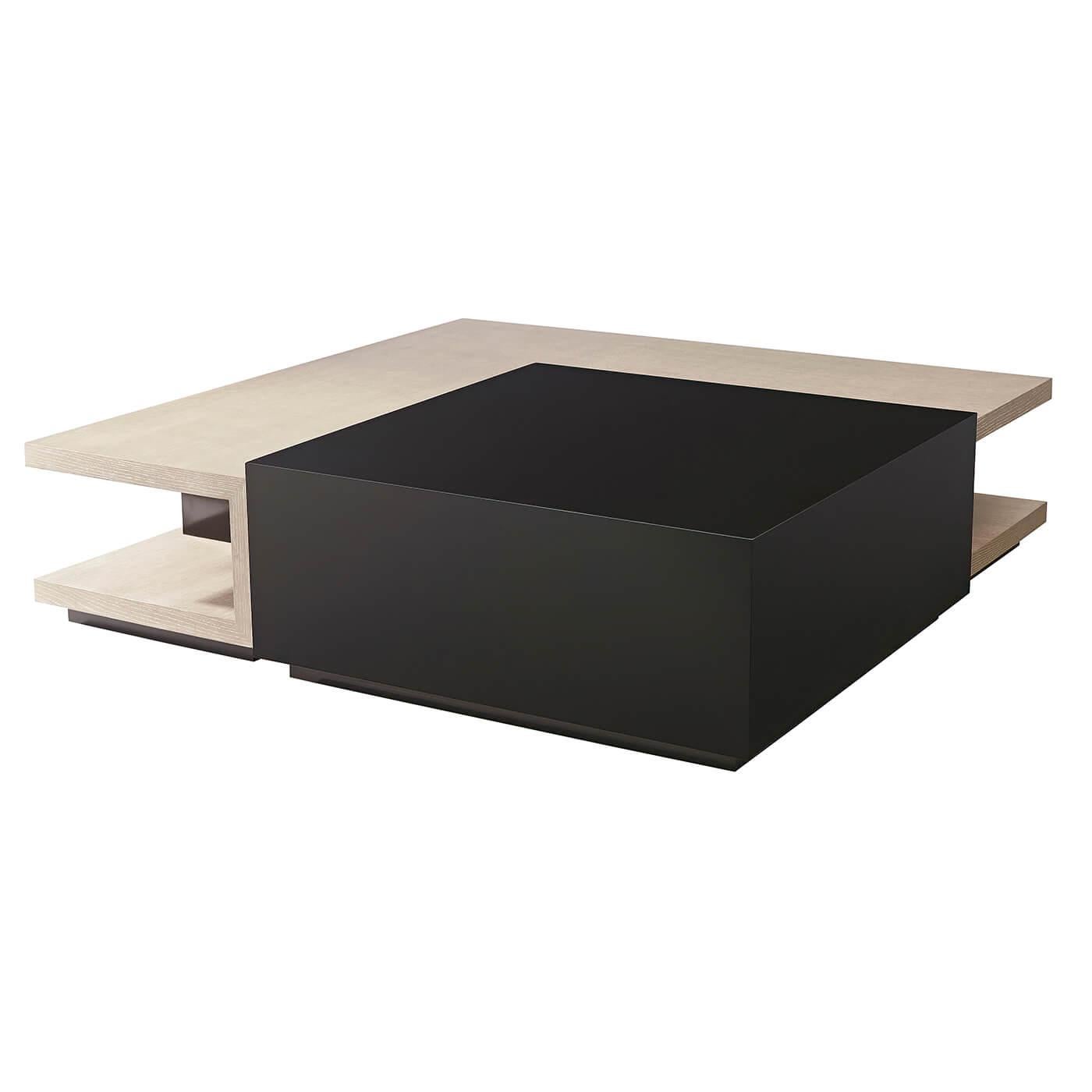 Modern cube cocktail table with Cava brown lacquered cube with concealed castors, quarter oak veneered 'L' table with foam finish and Cava lacquer uprights.
Dimensions: 68