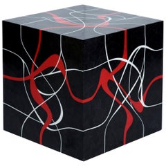 Modern Cube Table in Tessellated Horn with Graphic Red & Grey Resin Inlay- Dune