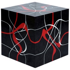 Modern Cube Table in Tessellated Horn with Graphic Red & Grey Resin Inlay, Dune