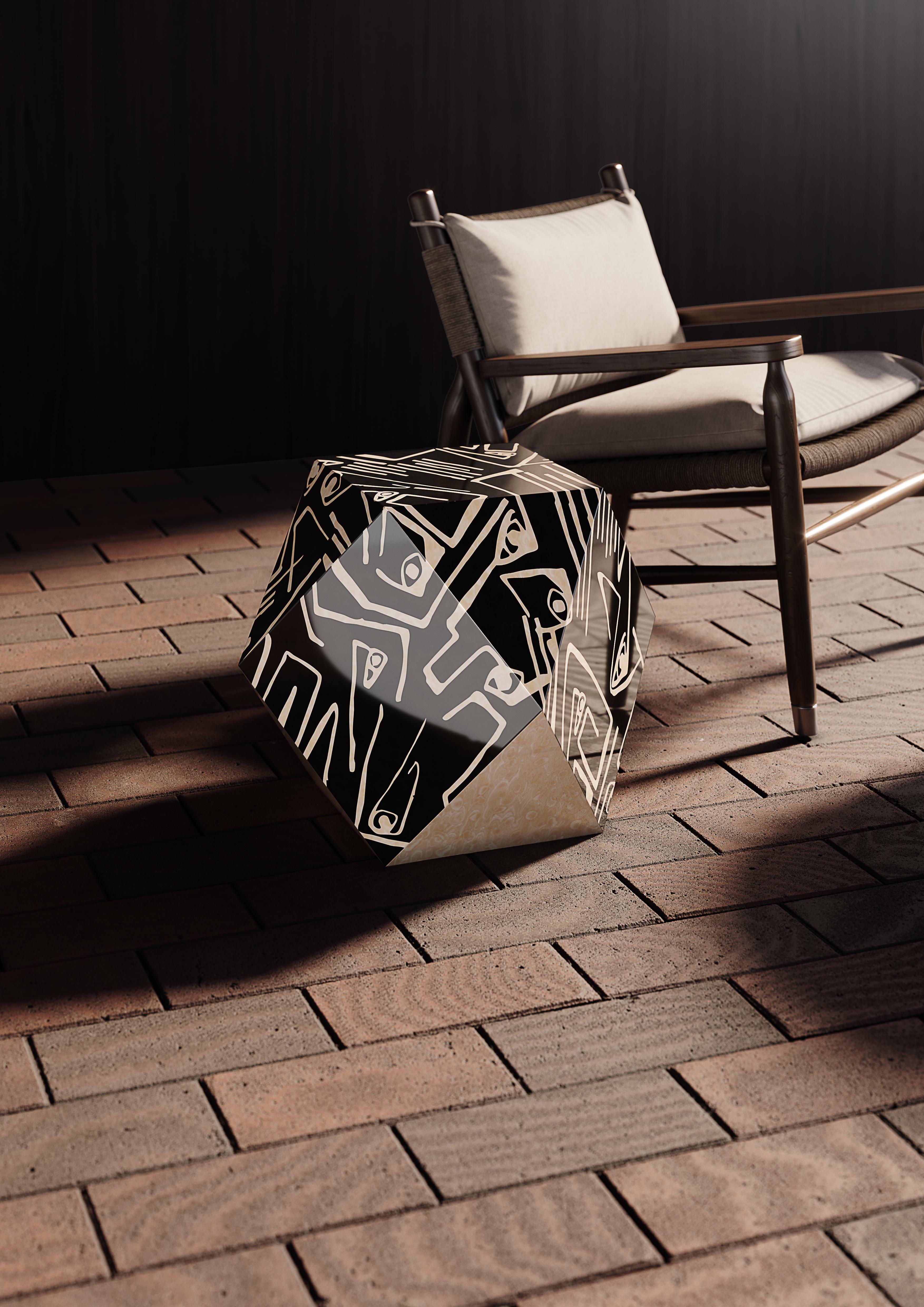 Portuguese Modern Cubic Shape Side Table Abstract Pattern Black & White Wood Marquetry For Sale