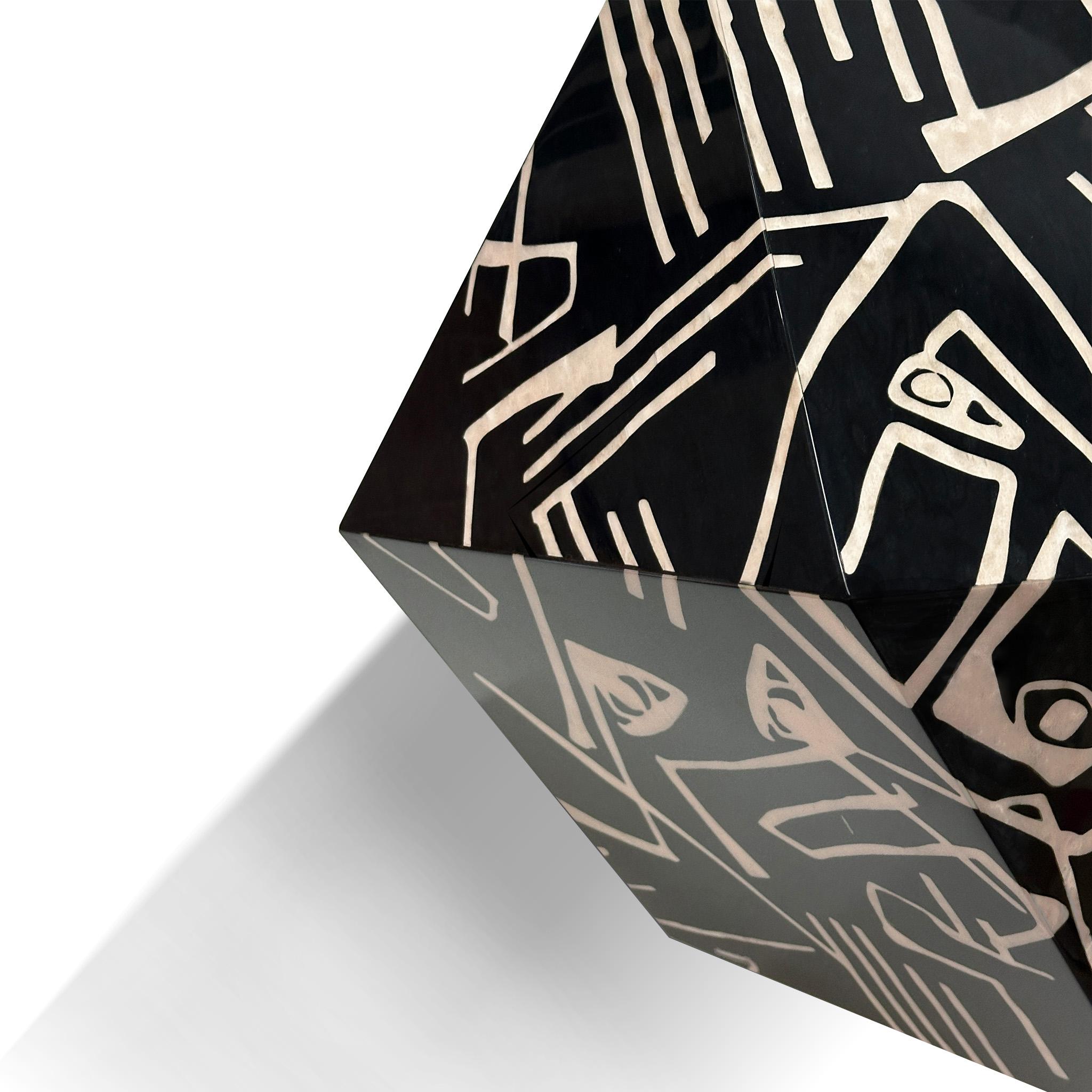 Glazed Modern Cubic Shape Side Table Abstract Pattern Black & White Wood Marquetry For Sale