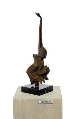 Modern Cubist Bronze Guitar Sculpture in Brown Patina