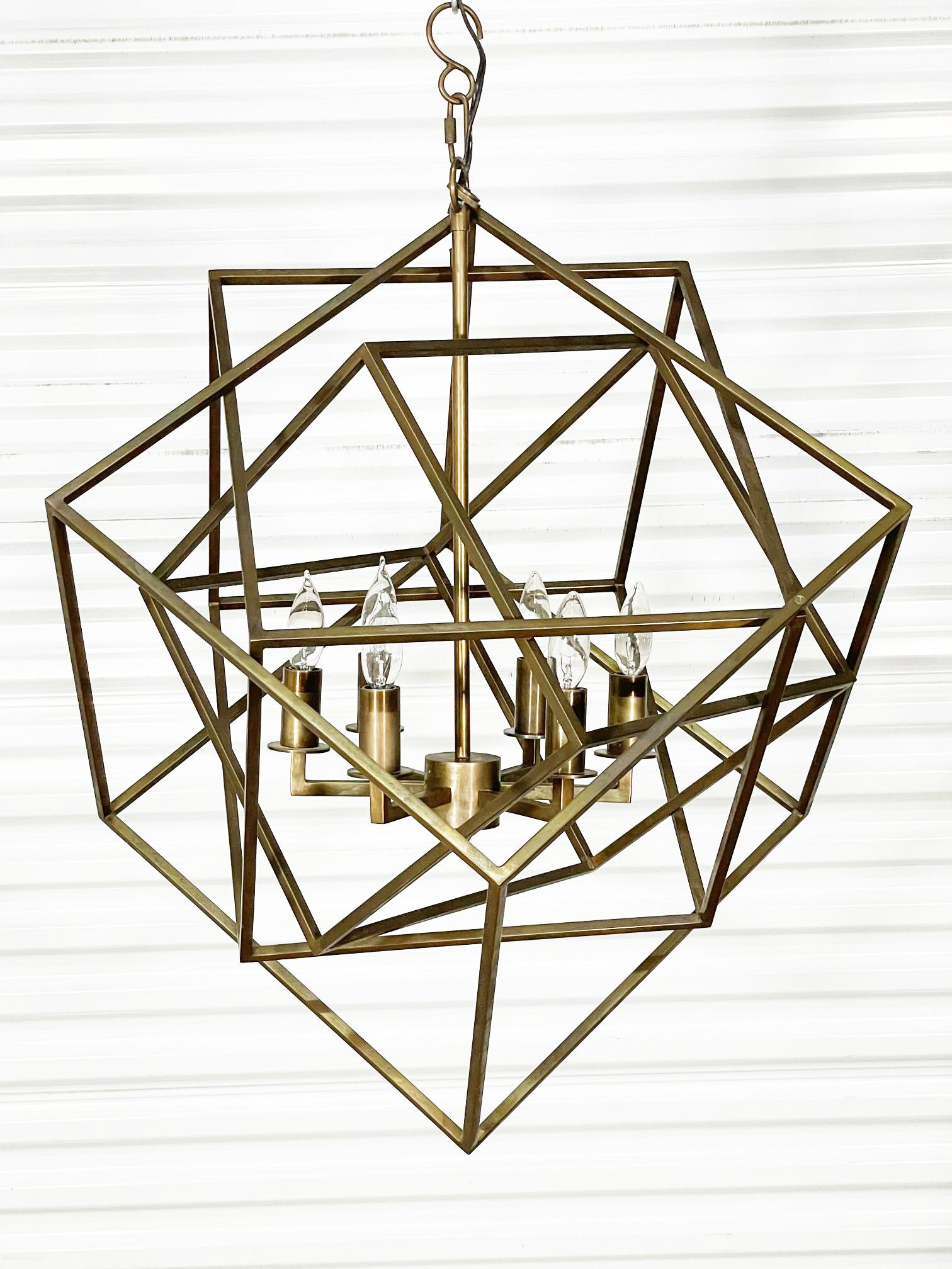 Modernist 6-light chandelier features a geometric layered cube design. Constructed of steel and finished in burnished brass. Very good condition with minor imperfections.
For a shipping quote to your exact zip code, please message us.
