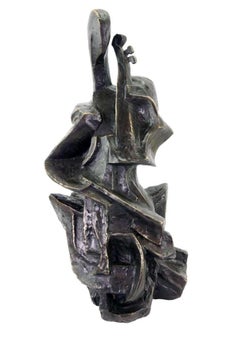 Modern Cubist Dark Bronze Cello Player Sculpture
