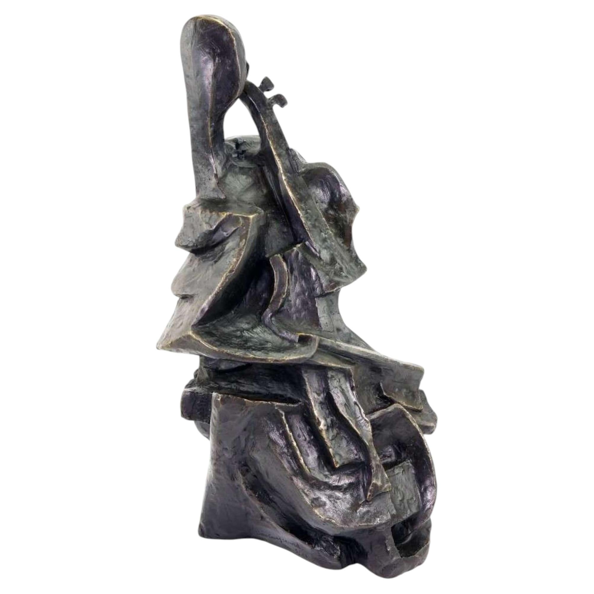 Escultura Cubista Moderna de Bronce Oscuro para Violonchelista