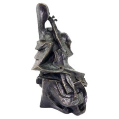 Modern Cubist Dark Bronze Cello Player Sculpture