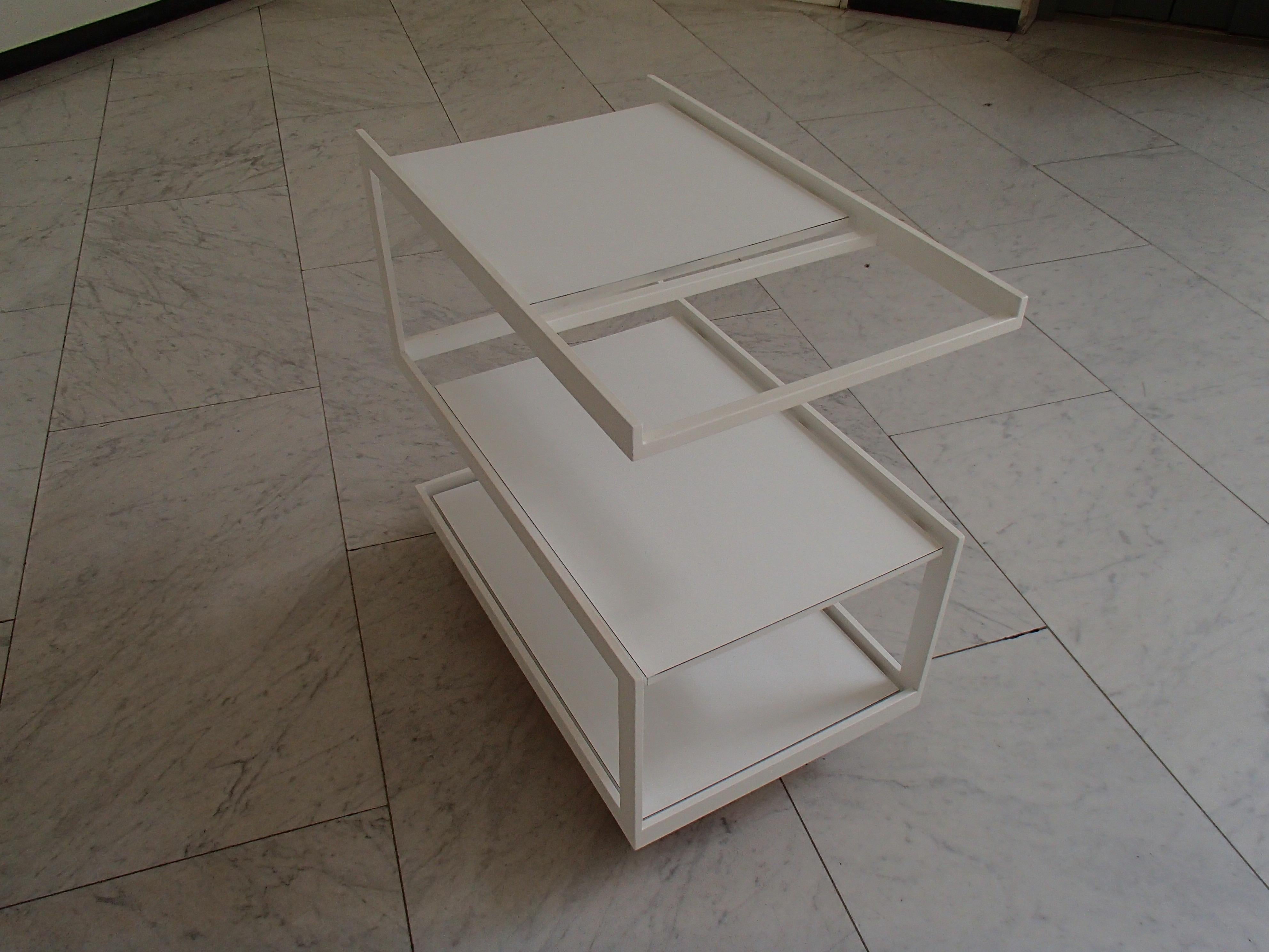 Modern Cubist White Trolley 3 Shelf's White Metal Frame and Wood Shelf's For Sale 4