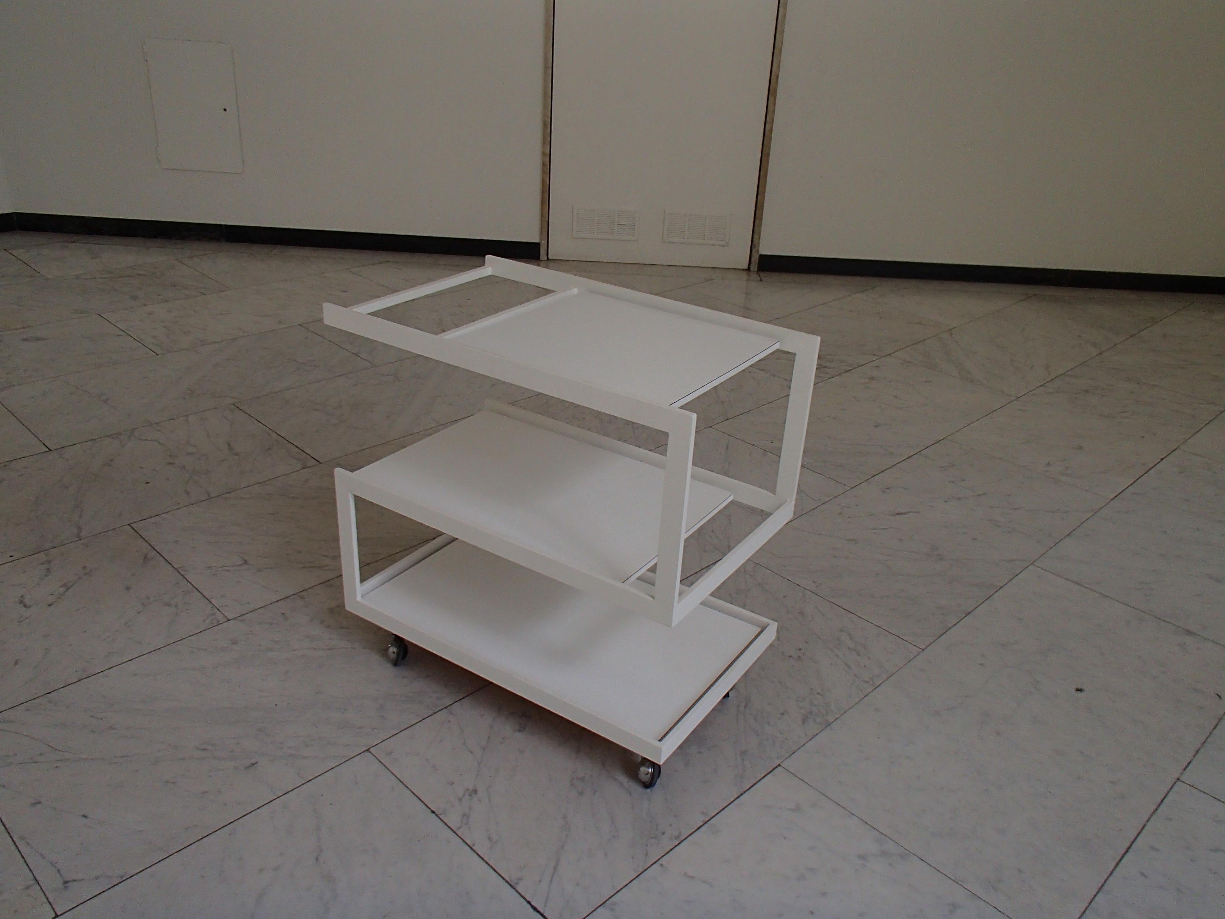 Late 20th Century Modern Cubist White Trolley 3 Shelf's White Metal Frame and Wood Shelf's For Sale