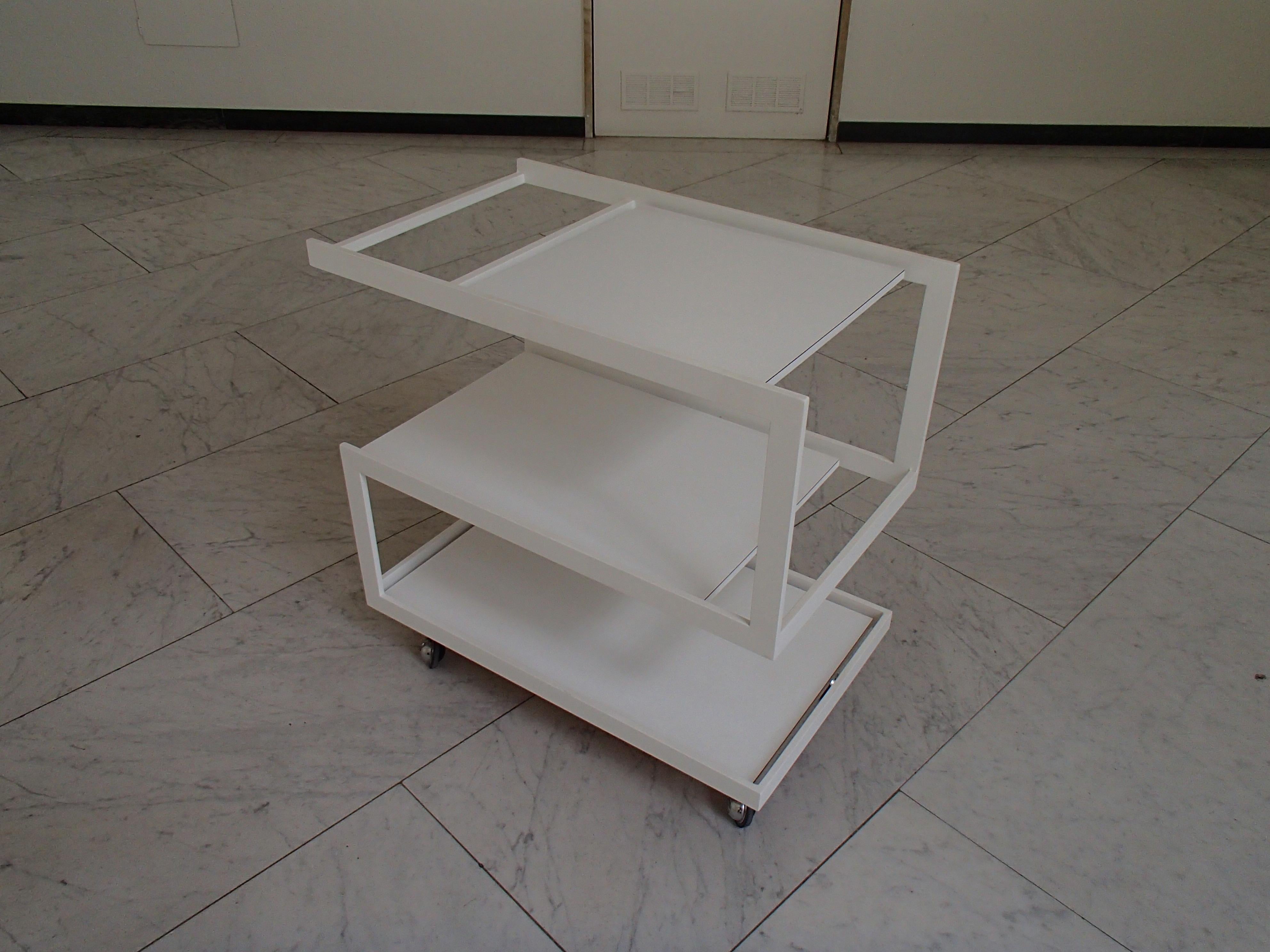 Modern Cubist White Trolley 3 Shelf's White Metal Frame and Wood Shelf's For Sale 1
