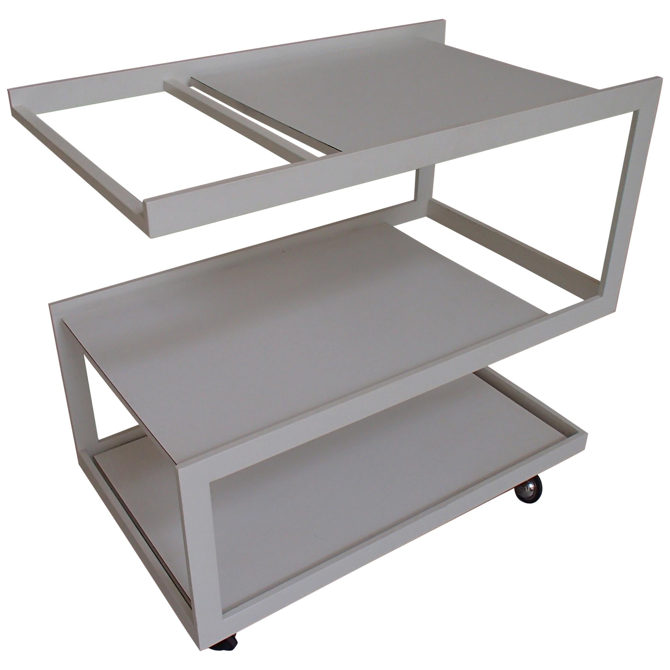 Modern Cubist White Trolley 3 Shelf's White Metal Frame and Wood Shelf's For Sale