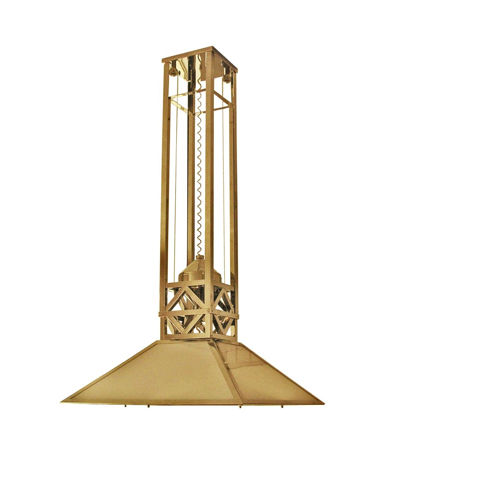 Austrian Modern Cubistic Chandelier or Pendant Opaline Glass and Brass, Re-Edition For Sale