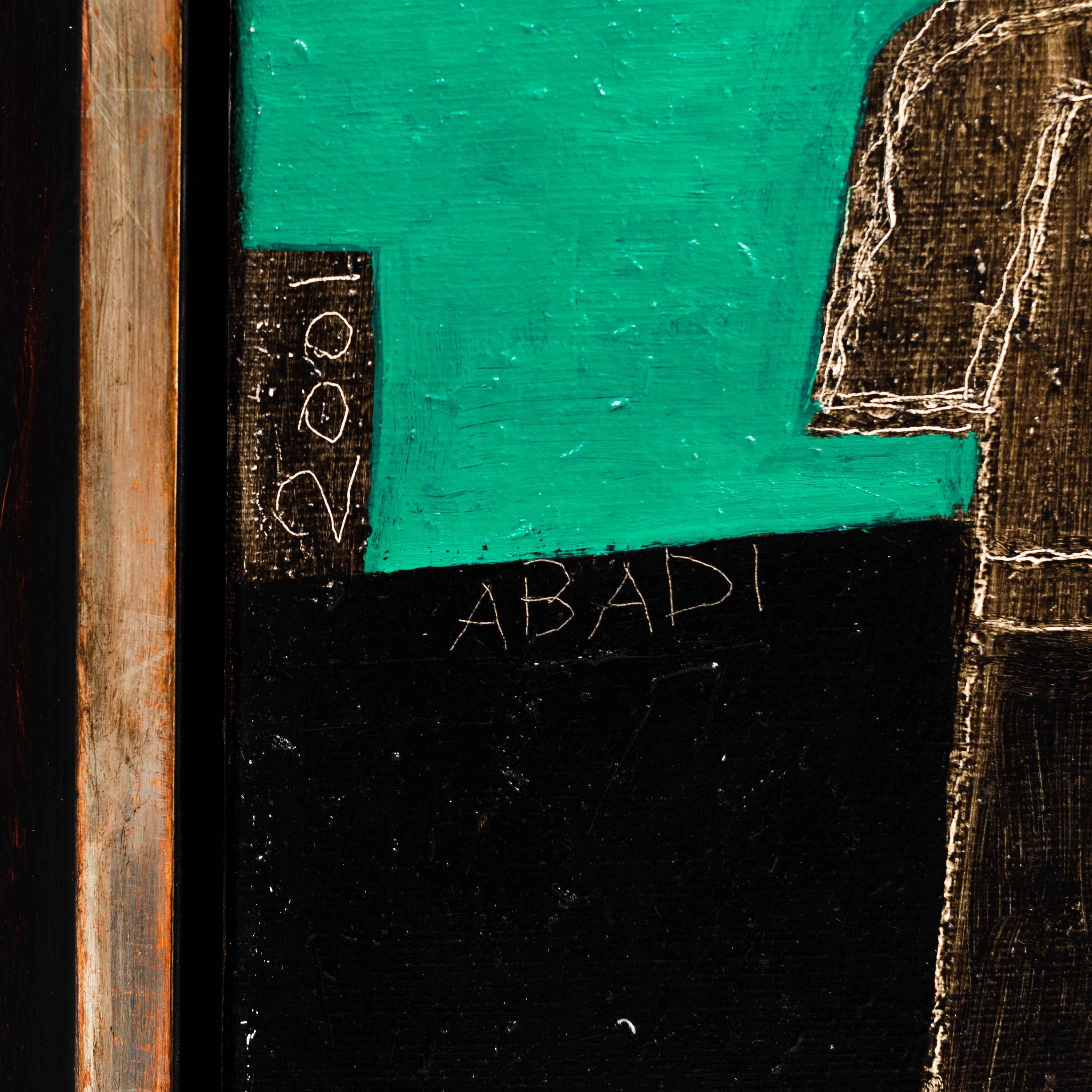 Peinture cubiste à l'acrylique sur toile, Fritzie Abadi New York, 2001

Dans des couleurs fortes et sourdes, des figures et des éléments anguleux sont divisés et réassemblés dans un contexte différent.
Les éléments sont en partie lumineux et