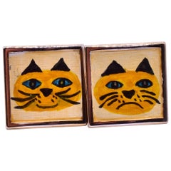 Vintage Modern Cufflinks with Painted Cats, circa 1950