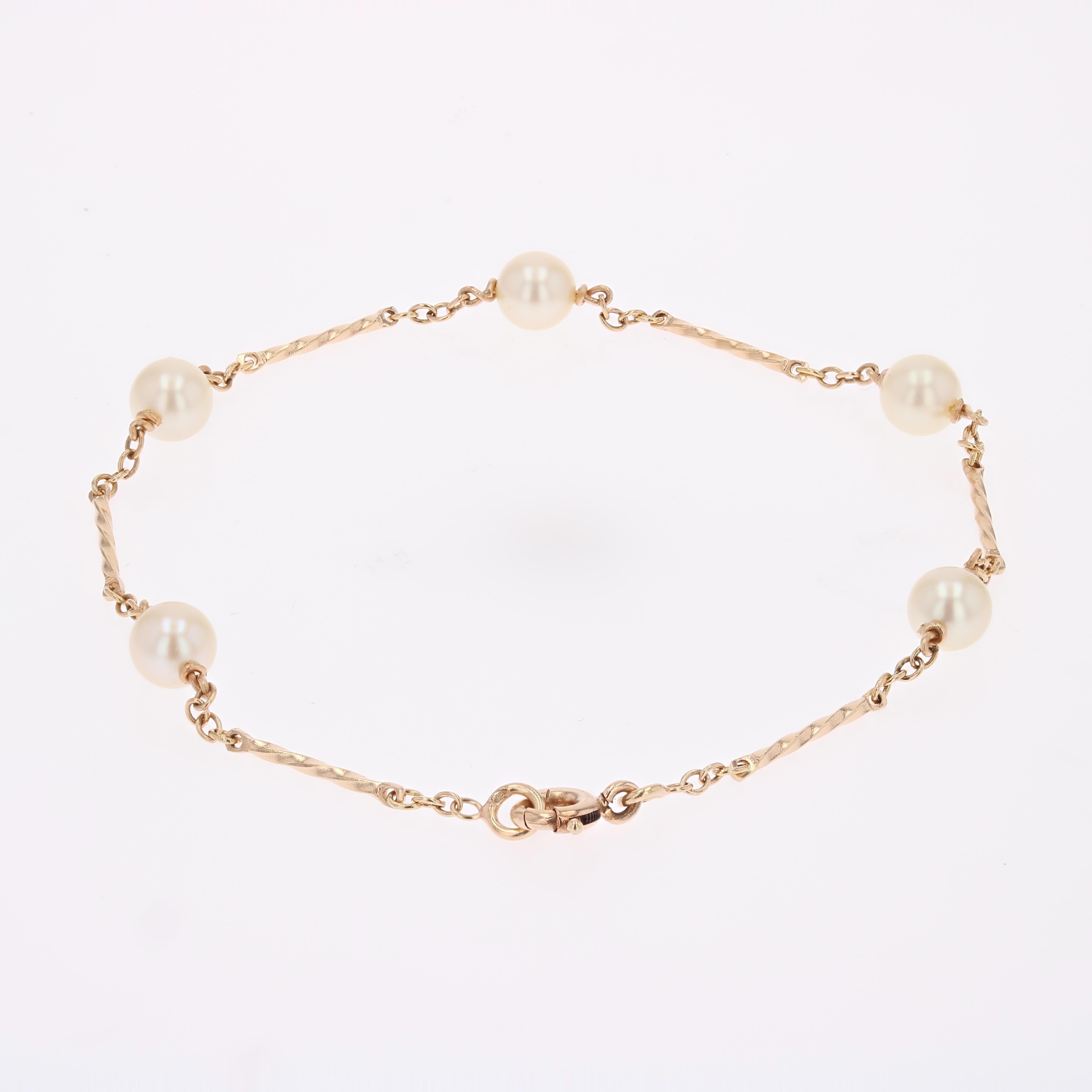 Pulsera moderna de eslabones de perlas cultivadas de oro rosa de 18 quilates en venta 1