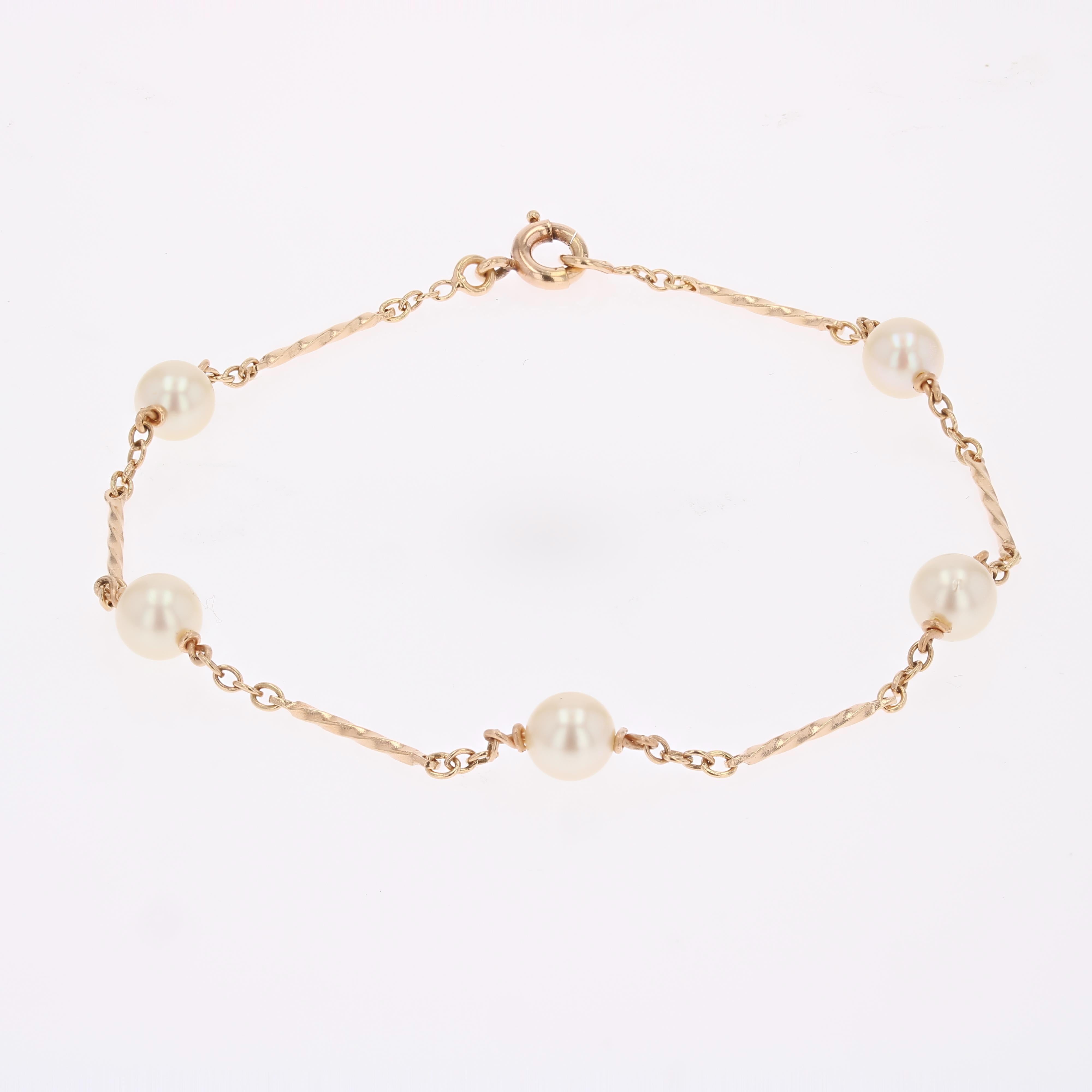 Pulsera moderna de eslabones de perlas cultivadas de oro rosa de 18 quilates en venta 2