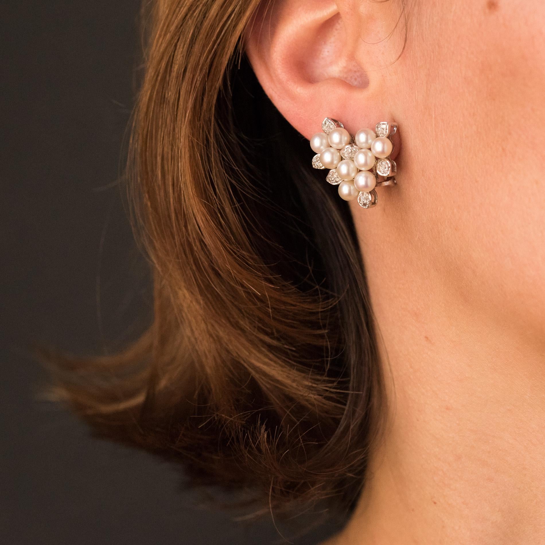 For pierced ears.
Earrings in 18 karat white gold, eagle head hallmark.
They form a cluster on which the grapes are cultured pearls and the leaves are diamonds set with claws. The clasp is a nail with safety clip.
Total weight of diamonds : 0.50